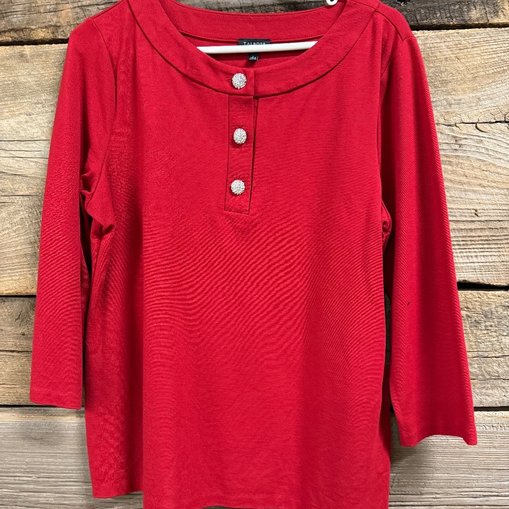 Talbot's Knit top with rhinestone button trim, 3/4 sleeves, red, Large